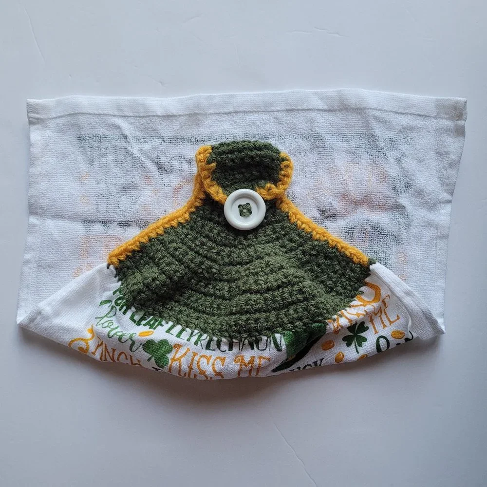 Handmade Kitchen Towel Irish Lucky Gold Crotchet Top With Button For Hanging